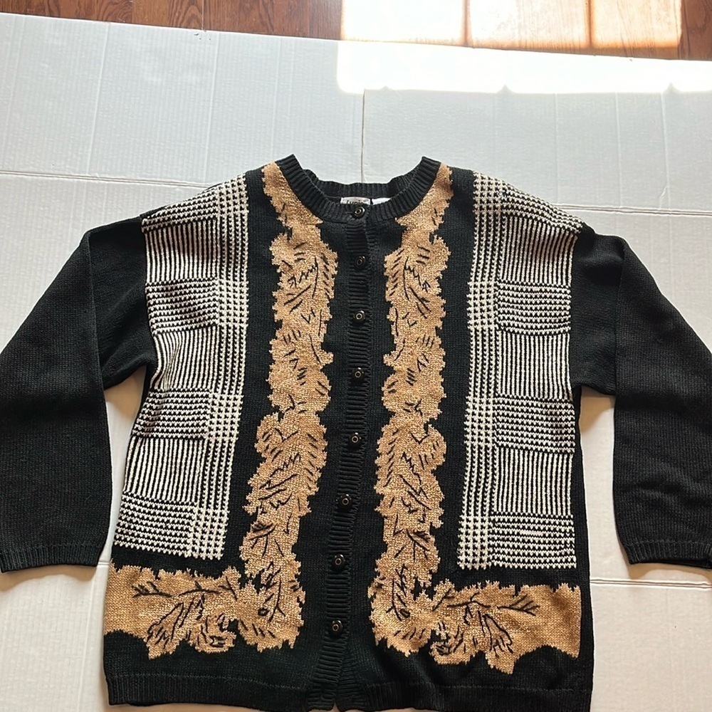 VTG-90s-Lucia-XL-black-houndstooth-button up, gold metallic, cardigan sweater.